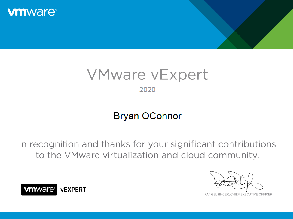 VMware vExpert 2020 Bryan O'Connor