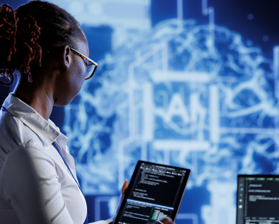 Woman on tablet in front of AI symbol