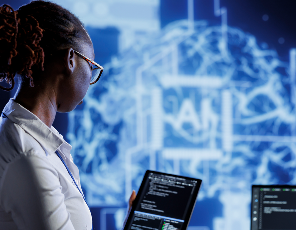 Woman on tablet in front of AI symbol