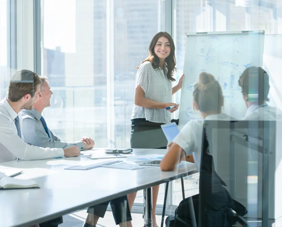 Meeting room setting with woman presenting
